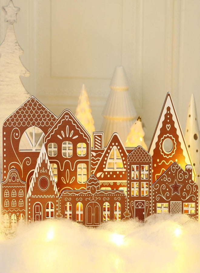 Rossesay Christmas Gingerbread House Tabletop Decorations with Light Wooden Christmas Village Centerpieces Gingerbread Xmas Decor for Table Farmhouse Rustic Xmas Decoration with Base - Image 1